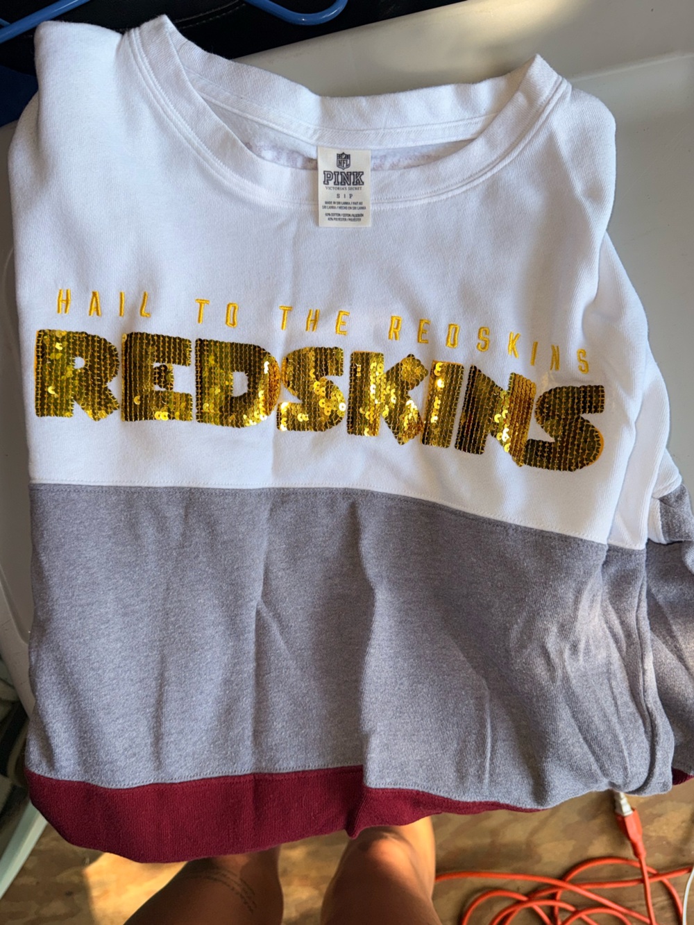PINK Victoria's Secret White, Gray & Burgundy Long Sleeve Sequin Logo Top